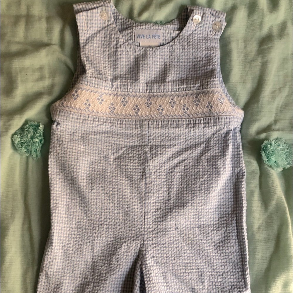 VIVE LA FETE Smocked Boys sleeveless jumper and button in back collared shirt!